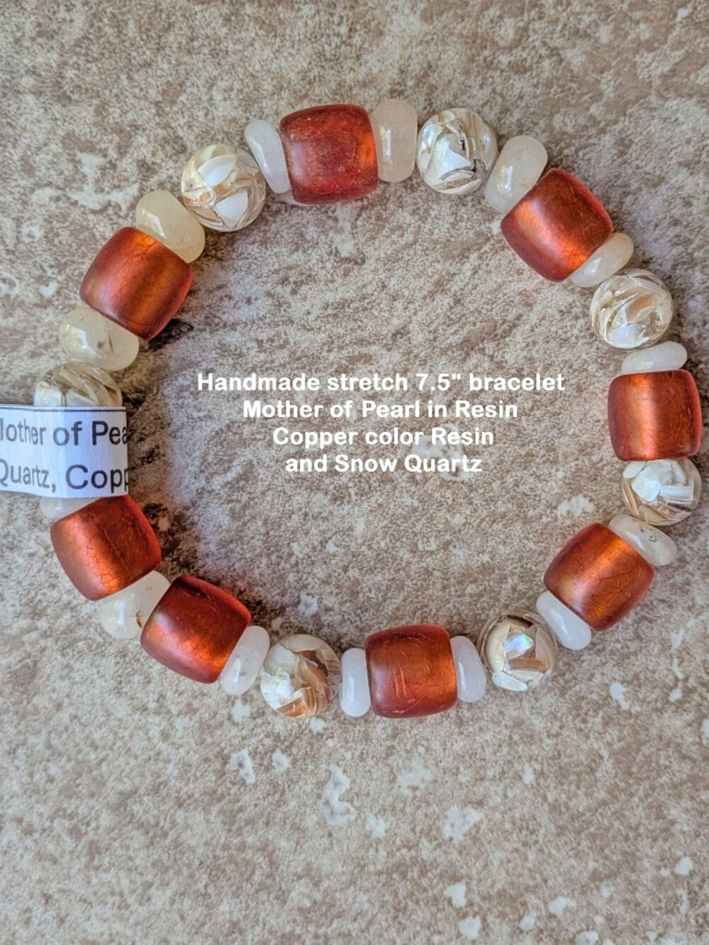 Handmade stretch 7.5" bracelet Mother of Pearl Copper color Resin & Snow Quartz